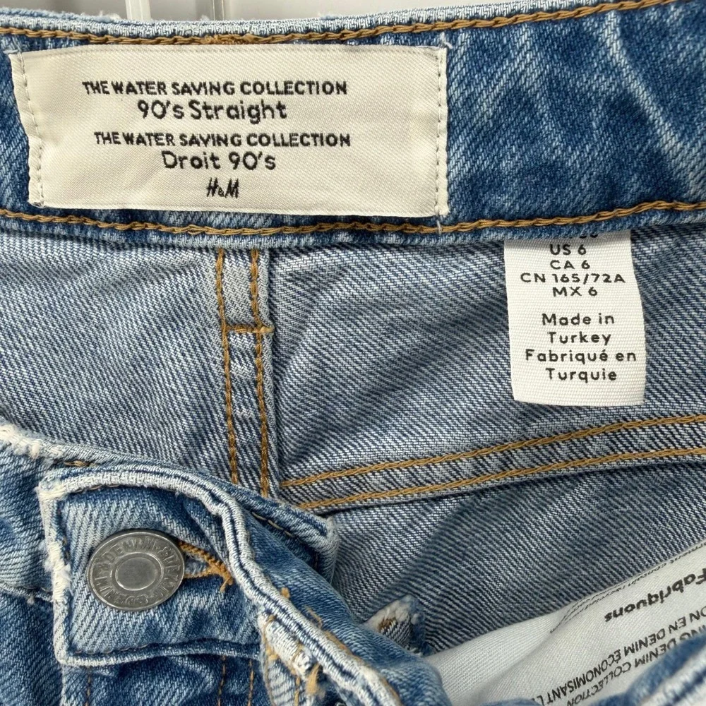 H&M 90s Straight Jeans Womens 6 Blue Distressed Ripped High Rise Grunge‎ Skater